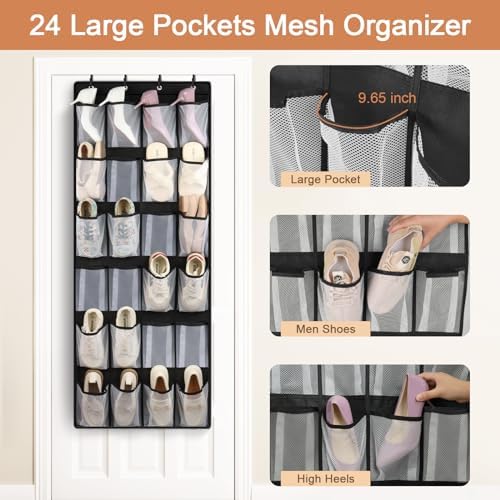 FENTEC 24 Large Pockets Over Door Shoe Organizer, Mesh Hanging Shoe Organizer for Closet Mesh Closet Holder, Back of Door Organizer for Cruise Ships, Rack for Wall, Black, 1 Pack - Image 6