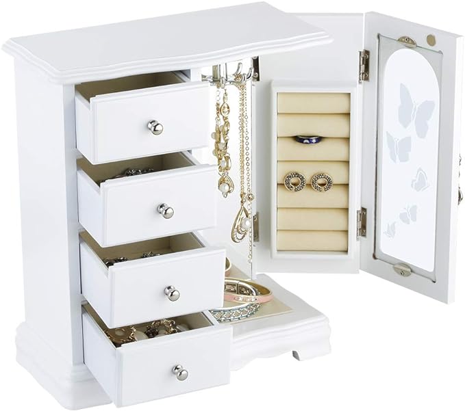 RR ROUND RICH DESIGN Jewelry Box - Made of Solid Wood with 4 Drawers Organizer and Built-in Necklace Carousel and Large Mirror White