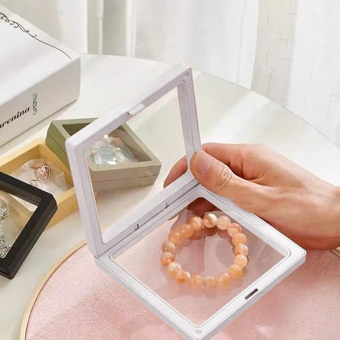 12PCS 3D Floating Frame Display Stand, Jewelry Box, Gift Box, Ornament Organizer, Small Travel Jewelry Box, PE Film Anti-Oxidation, Suspended Display Box Stackable (White, 3.54 * 3.54)