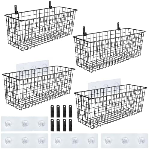 4 Set [EXTRA LARGE] Hanging Wall Mount Storage Baskets with Adhesive Hooks & Steel Hooks, Multiuse Sturdy Wire Metal Organizing Baskets for Home Kitchen Bathroom Pantry Utility Organizer, Black by AOZITA
