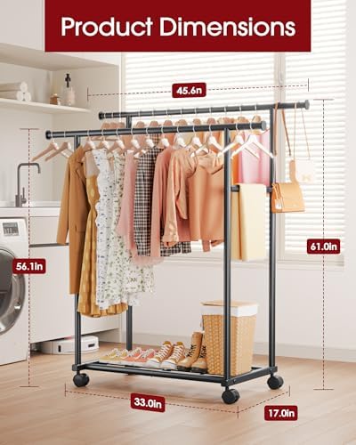 Sakugi Double Rods Clothes Rack - Metal Clothing Rack with Fixed Double Rods, Rolling Wheels & Built-In Shelf for Closet, Bedroom, Laundry Storage (45.6" x 17" x 61", Black) - Image 2