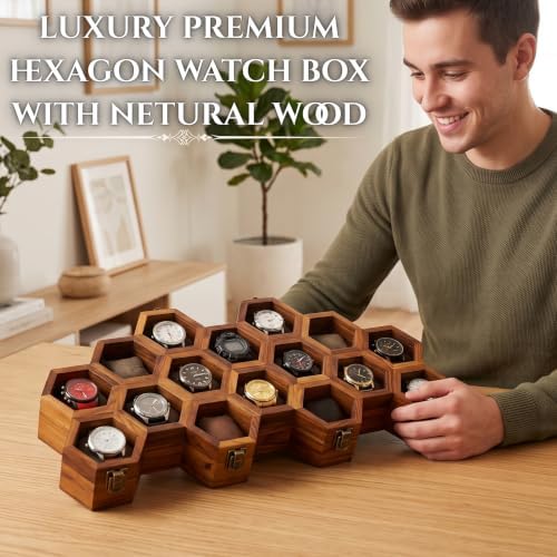 Extra Large 16 Slot Superior Rosewood Honeycomb Wall Mounted Watch Box Display Case Holder for Men, Vintage Hanging Watch Storage Organizer to Keep Watches Safe and Sophisticated. - Image 2