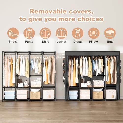 Portable Closet for Hanging Clothes, 67 Inch Wide Portable Wardrobe Closet with Cover, 4 Hanging Rod, Storage Shelves and Side Pockets, Large Free Standing Closet for Bedroom, Black - Image 4