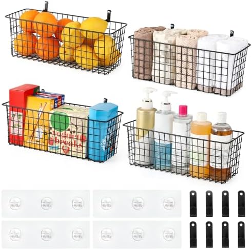 4 Set [EXTRA LARGE] Hanging Wall Mount Storage Baskets with Adhesive Hooks & Steel Hooks, Multiuse Sturdy Wire Metal Organizing Baskets for Home Kitchen Bathroom Pantry Utility Organizer, Black - Image 5