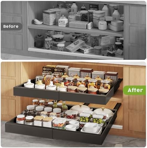 Seinloes 2 Pack Pull Out Cabinet Organizers 21" Deep With Raising Pad for Framed Cabinets, Expandable Width (15.2"-26.3") Slide Out Drawers Upgrade 3 Slide Rails, Roll Out Shelves Adhesive, Black - Image 6