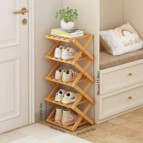 5 Tier Foldable Shoe Rack, Bamboo Vertical Shoe Organizer Tall for Multifunctional Narrow Shoe Shelf for Entryway, Closet, Corner, Bedroom, Hallway(Natural) - Image 2