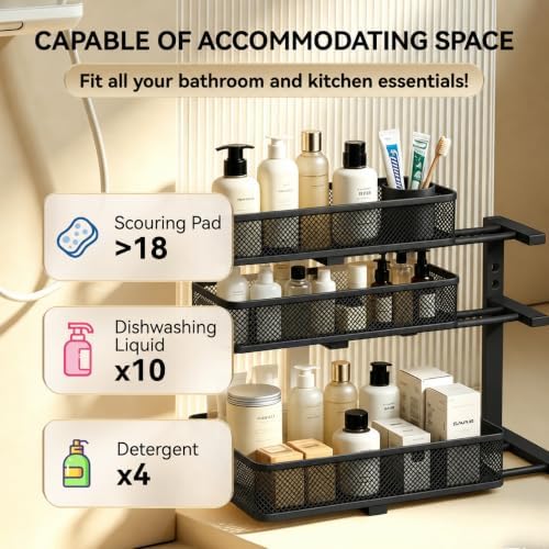 1 Pack 3 Tier Under Sink Organizer with Pull Out Drawer, Height Adjustable Heavy Duty Metal Under Cabinet Organizer, Smooth Sliding Storage Shelf for Kitchen, Bathroom Cabinet Organization, Black - Image 4