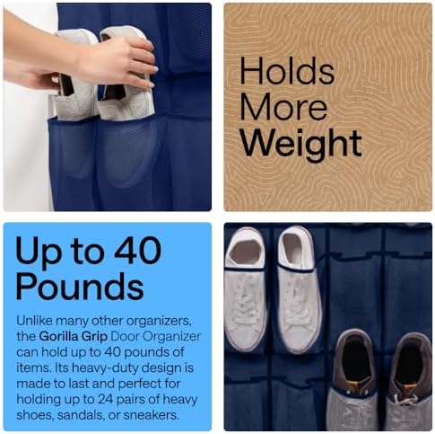 GORILLA GRIP Over the Door Shoe Organizer, 24 Large Pockets, Navy - Image 3