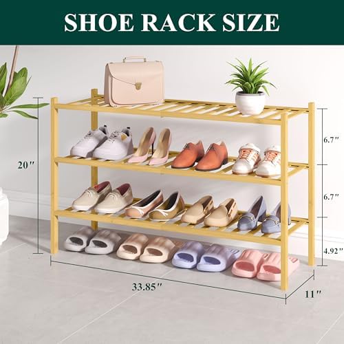 Smiry Bamboo Shoe Rack for Closet, 3 Tier - 33.86" Wide, Natural - Image 2