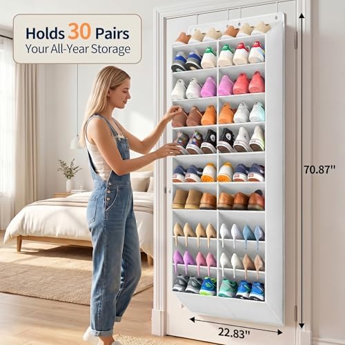 Yecaye 30 Pairs Over the Door Shoe Organizer, Large Capacity Hanging Shoe Rack for Door Hanger with Deep Pockets, Heavy Duty 10 Tier Shoe Holder for Sneakers Boots Heels College Dorm Essentials, White - Image 2