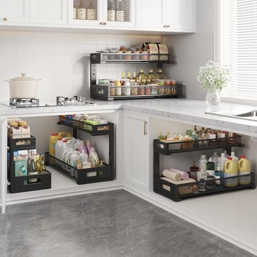 1 Pack 20.47IN Depth Under Sink Storage Organizer, Large 2-Tier Elegant Mesh Pull Out Shelf for Kitchen and Bathroom Cabinet Organization, L-Shaped and Adjustable Height Design-Black - Image 6
