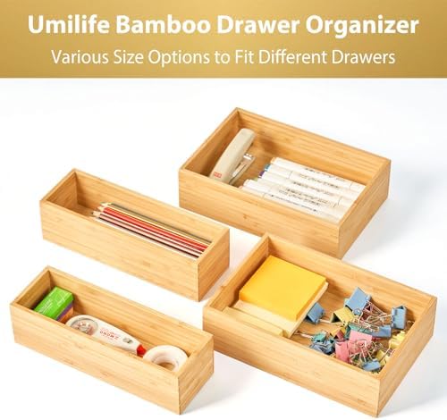 Umilife Bamboo Kitchen Drawer Organizer, Extra High Silverware Tray, Flatware Cutlery Storage Box, Multi-Use Holder in Office, Bathroom, Pantry - 9"x6"x2.5" (Set of 2) - Image 4