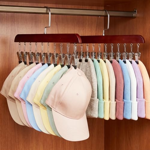 Novabright 2 Pcs Closet Organizer with 10 Clips Wooden Hat Rack for Closet, Space-Saving Hanging Organizer, Multipurpose Storage Display Accessory for Beanies, Ties, and Socks (Brown) - Image 3