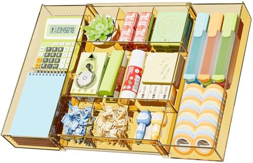 Marbrasse Expandable Desk Drawer Organizer, Clear Plastic Drawer Organizer Tray with 10 Adjustable Compartments, Desk Organizers and Accessories, 5 Drawer Dividers for Office Supplies(Clear Champagne) by Marbrasse