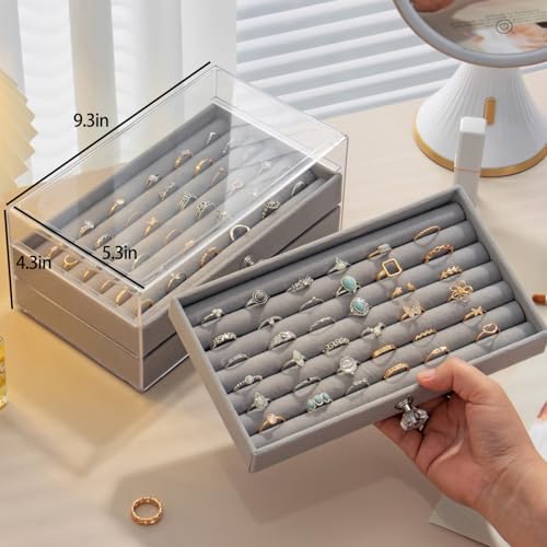 SPAKOWN Ring Box Display Holder, Clear Velvet Jewelry Storage Tray Organizer for Ring Stud Earring (Grey - 3 Drawers) - Image 3