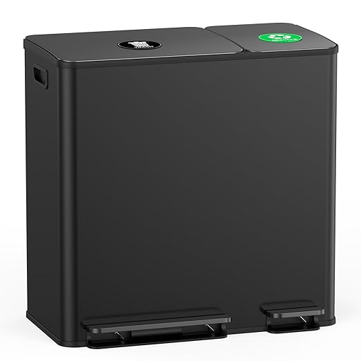 Lovewind Dual Trash and Recycling Bins for Kitchen, 13+6 Gallon Stainless Steel Garbage and Recycle Bin Combo for Large Families, Dual Trash Can with Soft Close Lid & Magnetic Stickers, Black