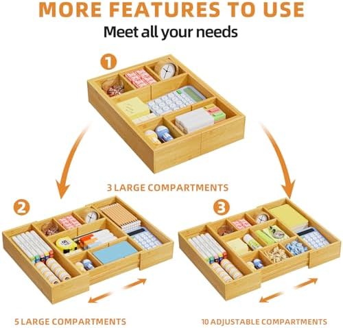 Marbrasse Bamboo Expandable Drawer Organizer, Desk Drawer Organizer Tray with 5 Dividers, Desk Organizers and Accessories, 10 Adjustable Compartments for Office Supplies, Junk, Makeup & Vanity - Image 5
