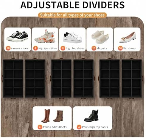 EE-RoomWorld 2 Pack rolling shoe rack on wheels,No Assemble Required shoe organizer for closet with wheels，Adjustable Dividers Fits 16 Pairs,boot Storage Bins with Reinforced Handle - Image 3
