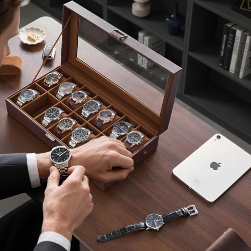 ProCase Watch Case for Men, 14 Slot Mens Watch Box Holder Organizer with Glass Lid, Watch Display Case, Fathers Day Gift for Dad Husband, Birthday Valentine Gifts for Men Women -14 Slot, Espresso - Image 4