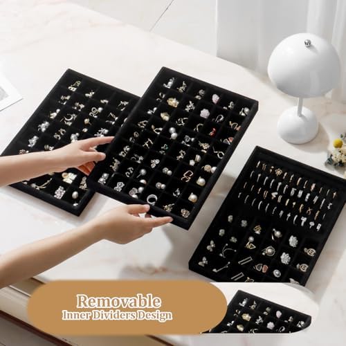 Large Jewelry Organizer for Drawer Insert Velvet Stackable Jewelry Trays for Earring Necklace Bracelet Ring Display (Black, 24 Grids) - Image 3