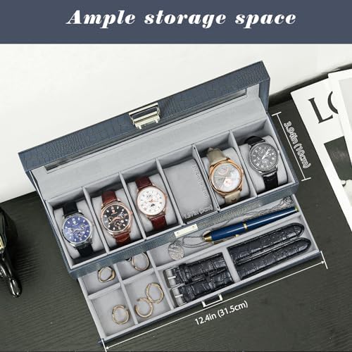ProCase Watch Box, 6 Slot Watch Display Case with Drawer -CrocCobaltBlue - Image 4