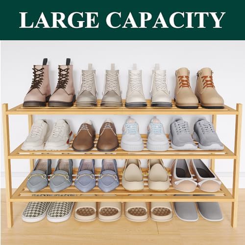 Smiry Bamboo Shoe Rack, 5 Horizontal Slats, 3 Tier - 33.9" Wide, Natural - Image 6