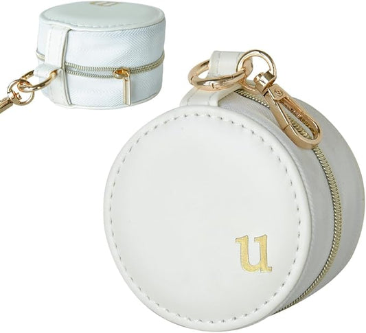 COLLECTIVE HOME - Monogrammed Letter Jewelry Case, Portable Travel Ring Holder Box with Keychain, Personalized Initial Organizer for Earrings Necklaces, Gift for Her (White-u)