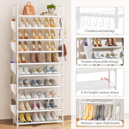 LUKYTOWER Tall Shoe Rack 10 Tier Organizer 30-35 Pairs with Hooks - Image 6
