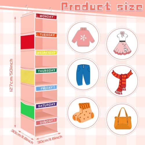 Amylove 2 Pcs 7 Shelf Weekly Clothes Organizer for Kids Hanging Closet Organizer 11. 8 x 11. 8 x 50 Inch Daily Activity Kids Clothes Storage Drawers Cube Drawers Closet Hanging Shelves(Orange Pink) - Image 2