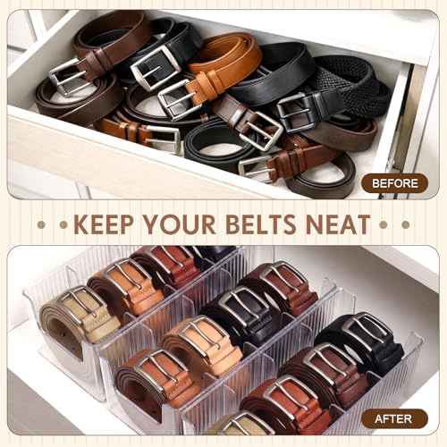 Junkin 4 Pcs Acrylic Belt Organizer with Adjustable 4 Compartments Clear Stackable Belt Holder for Men Leather Belts Storage Box for Closet Drawer Organization Multi-Purpose Display Bin with Inserts - Image 5