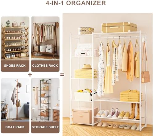 Neprock Clothing Racks for Hanging Clothes with Shelves, Portable Closet System Organizer Garment Rack for Clothes Storage, Metal Free Standing Wardrobe Clothes Organizer(White) - Image 4