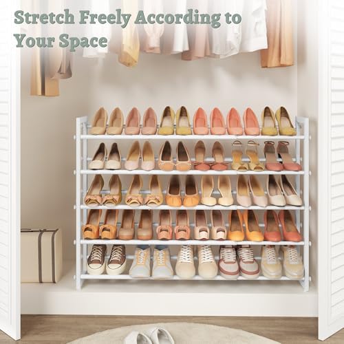 FAVOOSTY 5-Tier Expandable Shoe Rack, Adjustable Shoe Shelf Storage Organizer Space Saving Metal Free Standing Shoe Rack for Entryway Closet Doorway, White (White, 5 Tier) - Image 6