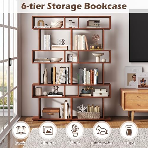 6 Tier S Shaped Bookshelf, Wood Geometric Bookcase, Modern Room Divider and Display Shelf, 64" Tall Staggered Bookshelf for Bedroom Living Room Office Study (2, Walnut) - Image 3