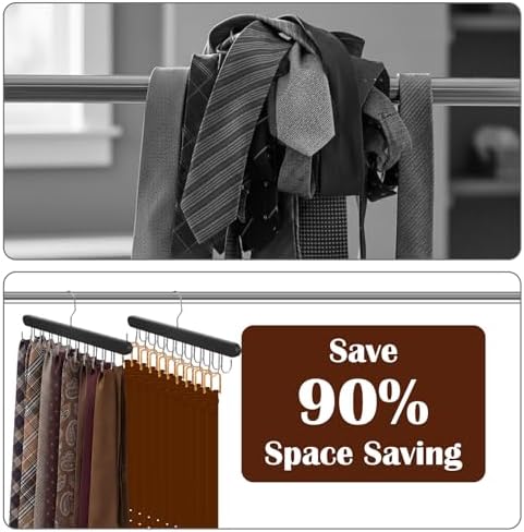 4 Pack Tie Rack and Belt Hanger 2 in 1, Wooden Tie Organizer for Closet with 20 Foldable Hooks, Space Saving Necktie Holder and Belt Organizer, Black - Image 4