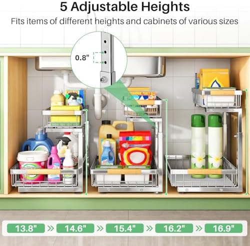 Kitstorack Under Sink Organizer, 2 Tier Under the Sink Storage, Slide out Pull out Cabinet Organizer Shelf, Metal Sliding Drawer for Kitchen Bathroom Pantry Closet Organization Rack, Silver, 1 Pack - Image 6