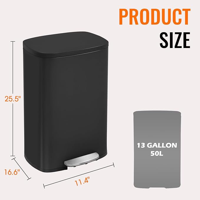 Kitchen Trash Can with Lid for Office Bedroom Bathroom Step Trash Bin Fingerprint-Proof Garbage Bin Brushed Stainless Steel 13 Gallon (Black)