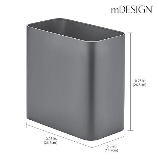 mDesign Small Metal 2.4 Gallon/9 Liter Trash Can Wastebasket Garbage Bin for Bathroom, Slim Rubbish Waste Bin Trashcans - Mirri Collection - Graphite Gray