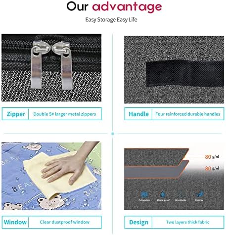 Onlyeasy Foldable Underbed Bags - 2 Pack Blankets Clothes Comforters Storage Bag Breathable Zippered Organizer for Bedroom with Clear Window and 4 Handles, 100 x50 x15cm, Linen-Like Black, MXAUBBP2 - Image 5
