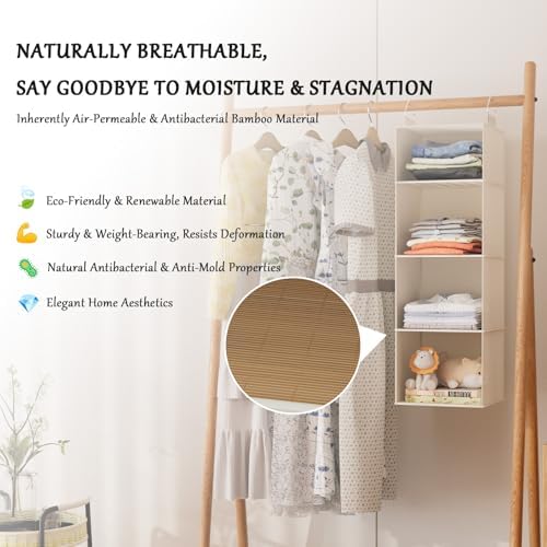 Hanging Closet Organizer and Storage with Bamboo Shelves - Foldable Storage for Clothes, Towels, Accessories | Space Saving, No Assembly Needed (Beige) - Image 5