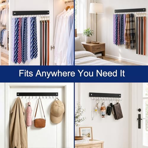 2 Pack Belt Hanger Wall Mount, Large Capacity Tie and Belt Organizer for Wall with 24 180°Rotating Non Slip Hooks, Heavy-Duty Wooden Tie Rack Space Saving Closet Organizers and Storage, Black - Image 6