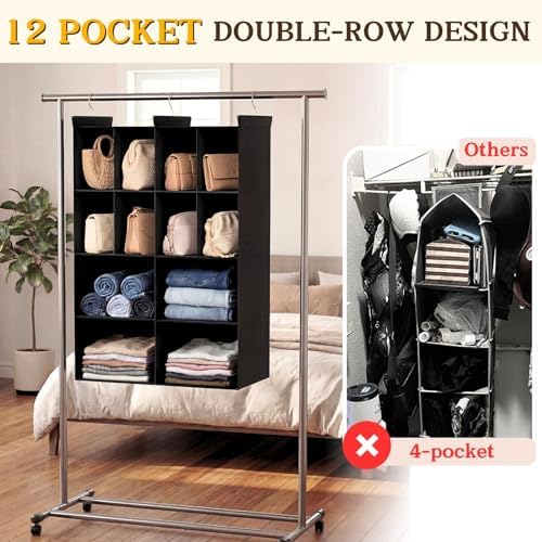 4 Tier Hanging Closet Organizer, 12 Compartments Dual Row Storage, Black - Image 4