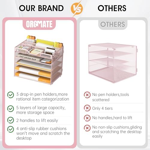 5 Tier Paper Letter Tray Desk Organizer with Pen Holders - Pink - Image 3