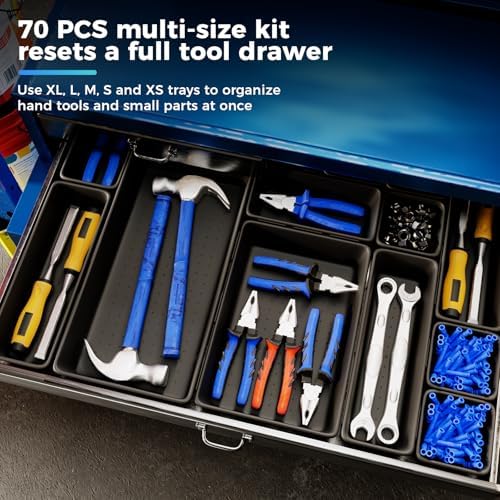 70 PCS Tool Box Organizer Tray & Desk Drawer Organizer Set, 5 Size Interlocking Bins for Garage Tool Storage, Mechanic Tool Chest, Rolling Cart, Workbench Drawers with EVA Non Slip Pads - Image 6