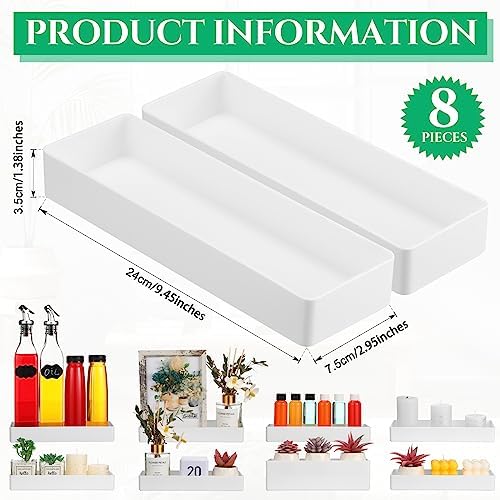 Teling 8 Pcs Plastic Desk Drawer Organizer Rectangular 9.45 x 2.95 x 1.38'' Half Accessory Letter Tray Paper Stationery Tray Stackable for File Desktop Vanity Organizer Office Supplies, White - Image 2