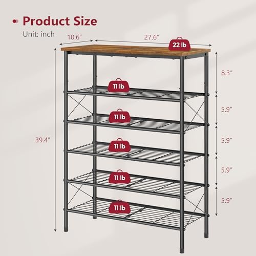 Tajsoon 6 Tier Shoe Rack for 20-24 Pairs of Shoes, Rustic Brown & Black - Image 3
