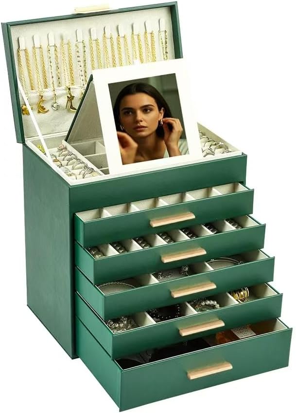 BOOVO Jewelry Boxes for Women, White and Black 6 Layer Large Jewelry Box for Necklace, Bracelet, Earrings, Rings Storage, Jewelry holder Organizer for Girls Gift (Green and Gold, 6 layer)