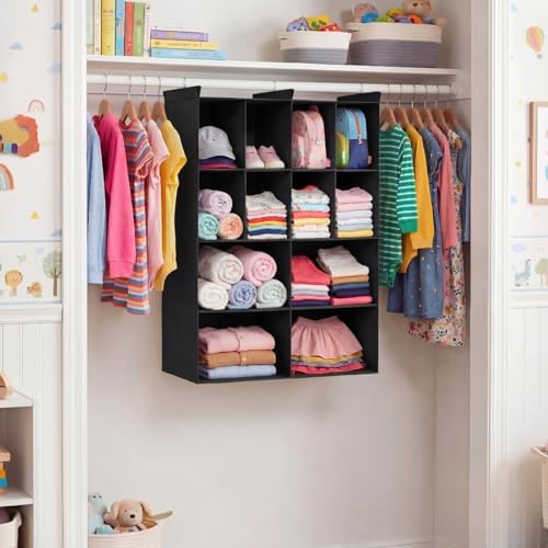 4 Tier Hanging Closet Organizer, 12 Compartments Dual Row Storage, Black - Image 2