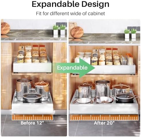 Pull out Cabinet Organizer, Expandable(12"-20") Heavy Duty Slide out Drawers Fixed with Adhesive Nano Film for Pots, Roll out Shelf Storage for Kitchen Base Cabinet, Pantry, Bathroom(2-Pack) - Image 4