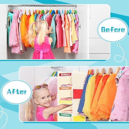 Amylove 2 Pcs 7 Shelf Weekly Clothes Organizer for Kids Hanging Closet Organizer 11. 8 x 11. 8 x 50 Inches Daily Activity Kids Clothes Storage Drawers Cube Drawers Closet Hanging Shelves(Beige) - Image 6