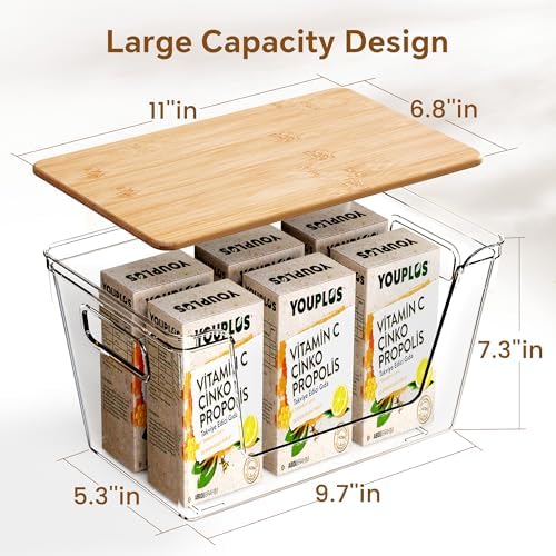 Criusia 2 Set Pantry Organizers and Storage with Bamboo Lids, Stackable Clear Bins for Onion, Potato, Fruit, Vegetables, Trash Bag Dispenser, Kitchen and Under Sink Organizer - Image 2